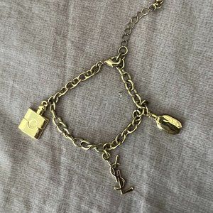 YSL Women's Vintage 3- Charms Gold Tone Bracelet with Iconic Logo -
